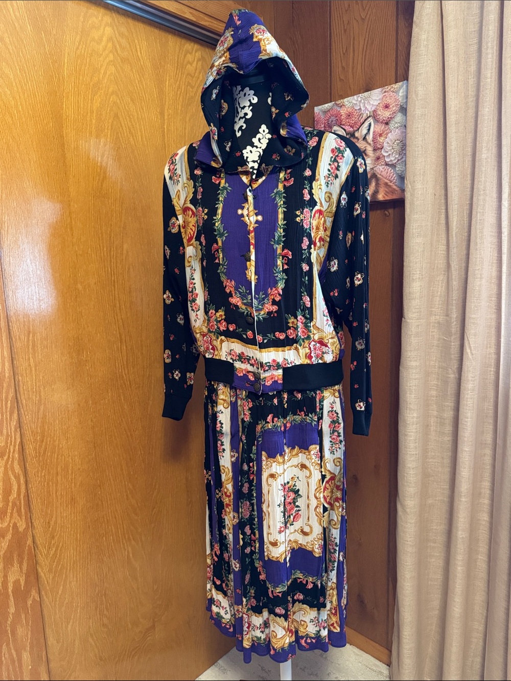Floral Panel Hooded Top and Skirt in Black and Purple
